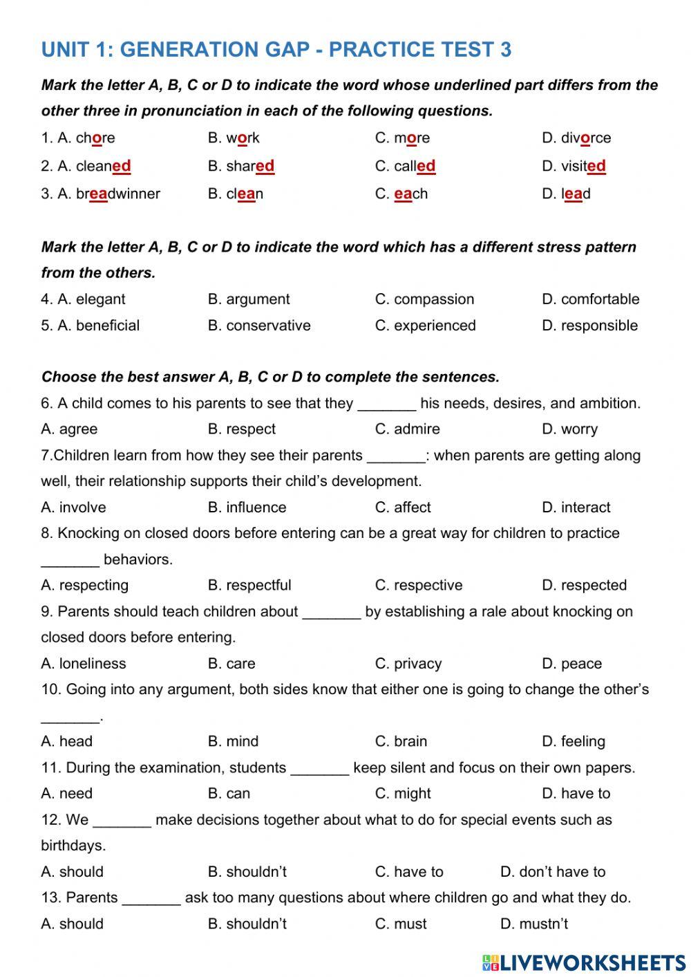 Unit 1: GENERATION GAP - PRACTICE TEST 3