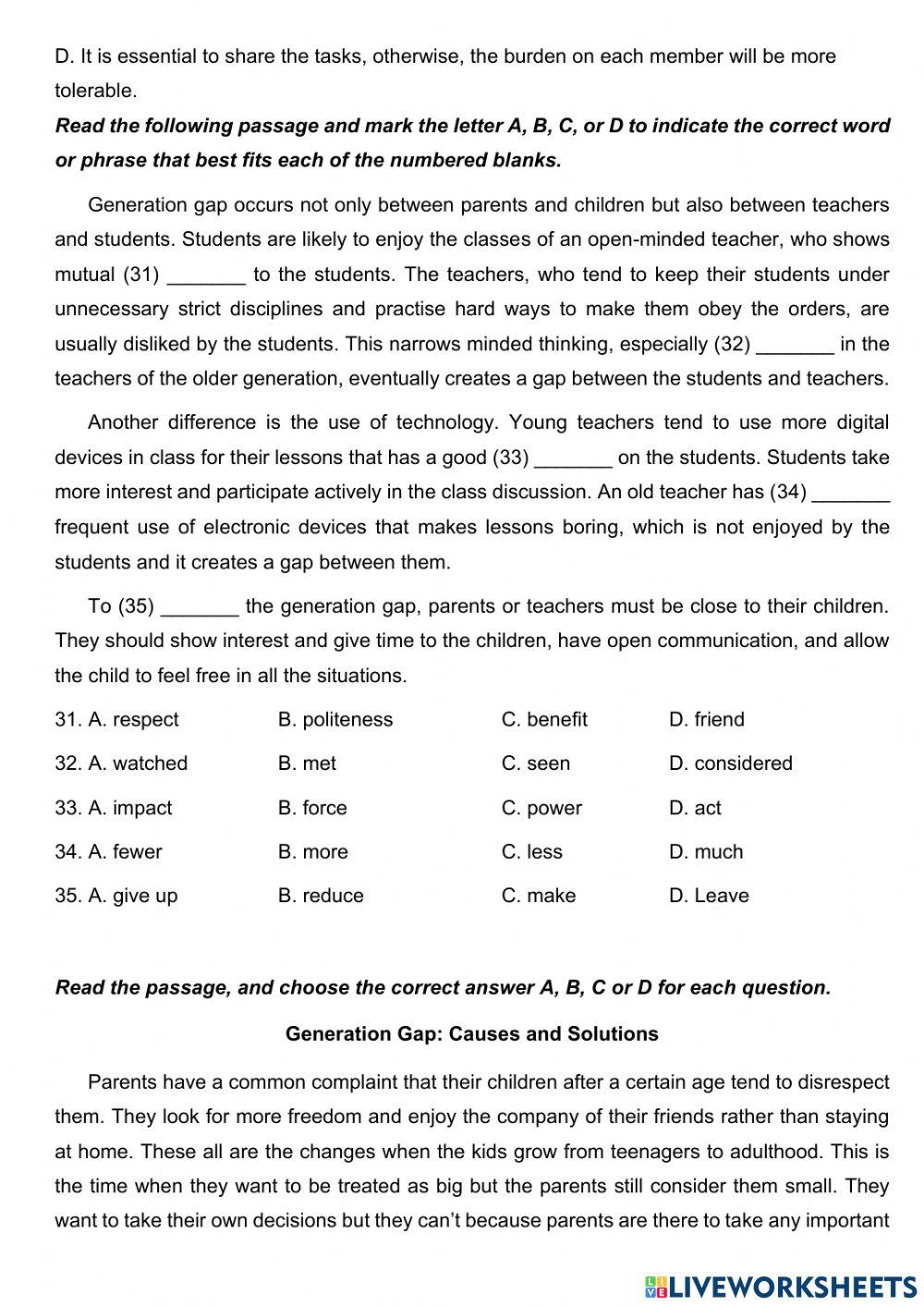 Unit 1: GENERATION GAP - PRACTICE TEST 3
