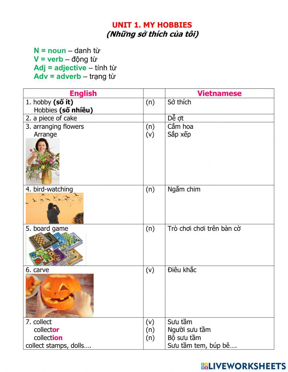 Grade 7 - UNIT 1 : My hobbies