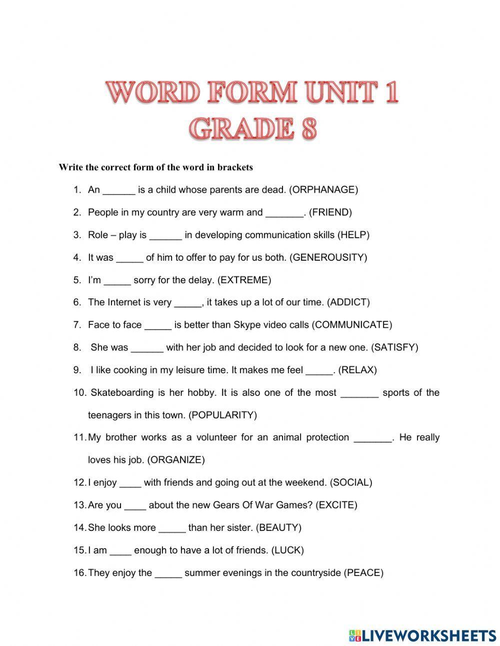 Grade 8 - Unit 1 - Word Form