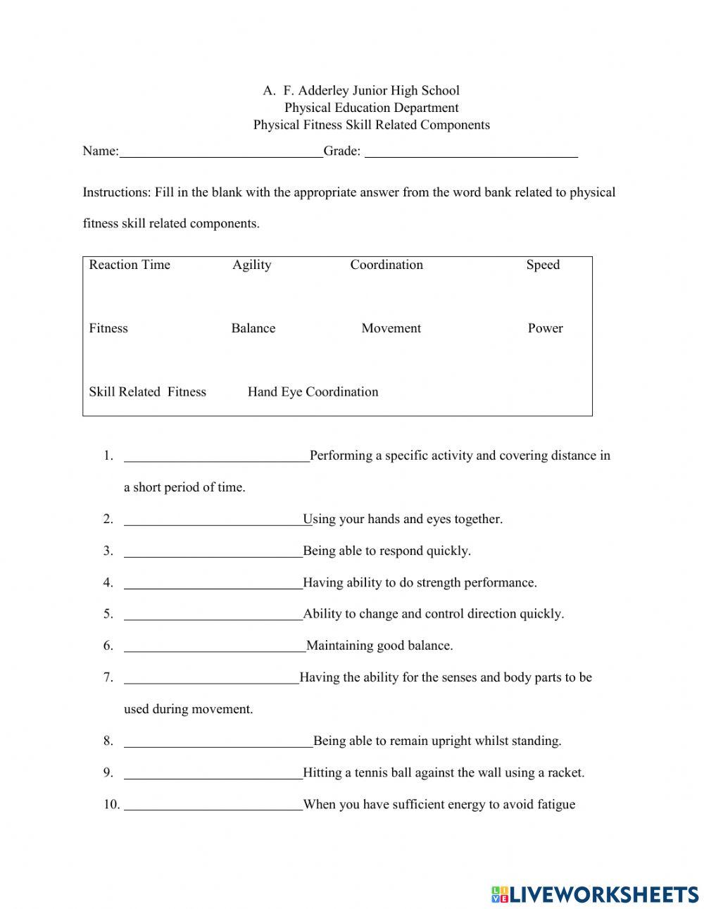 AFA Physical Fitness Skill Related Component Work Sheet