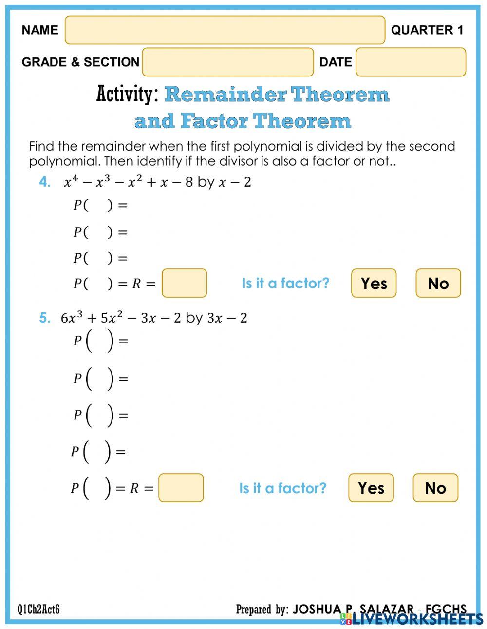 Remainder Theorem and Factor Theorem