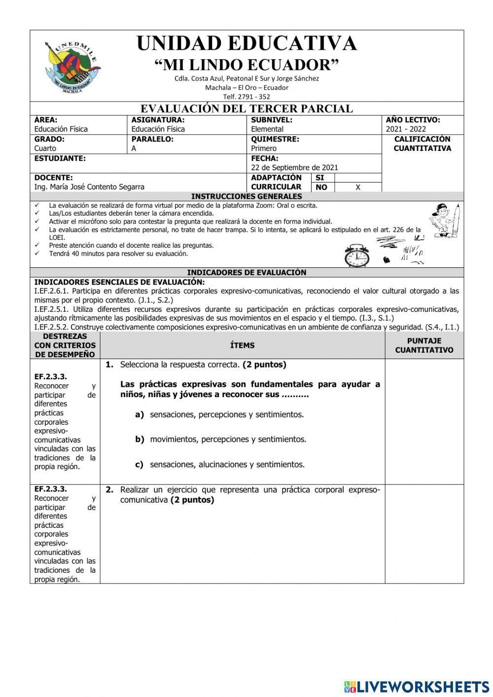 Evaluación de Educación Física del Tercer Parcial del Primer Quimestre