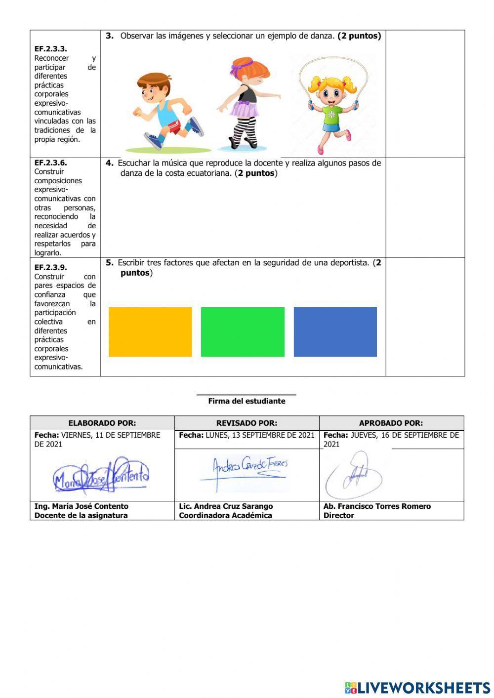 Evaluación de Educación Física del Tercer Parcial del Primer Quimestre
