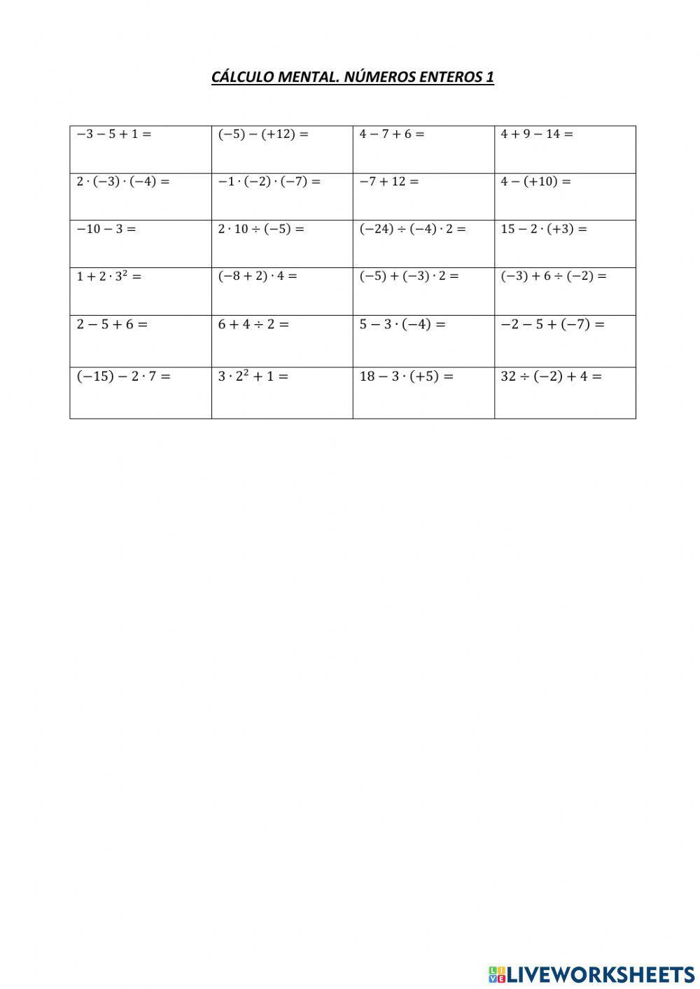 Cálculo mental. enteros 1
