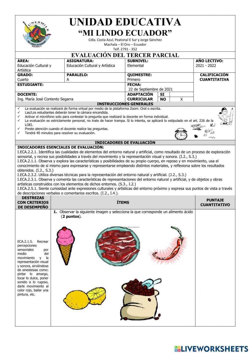 Evaluación de Educación Cultural y Artística del Tercer Parcial del Primer Quimestre