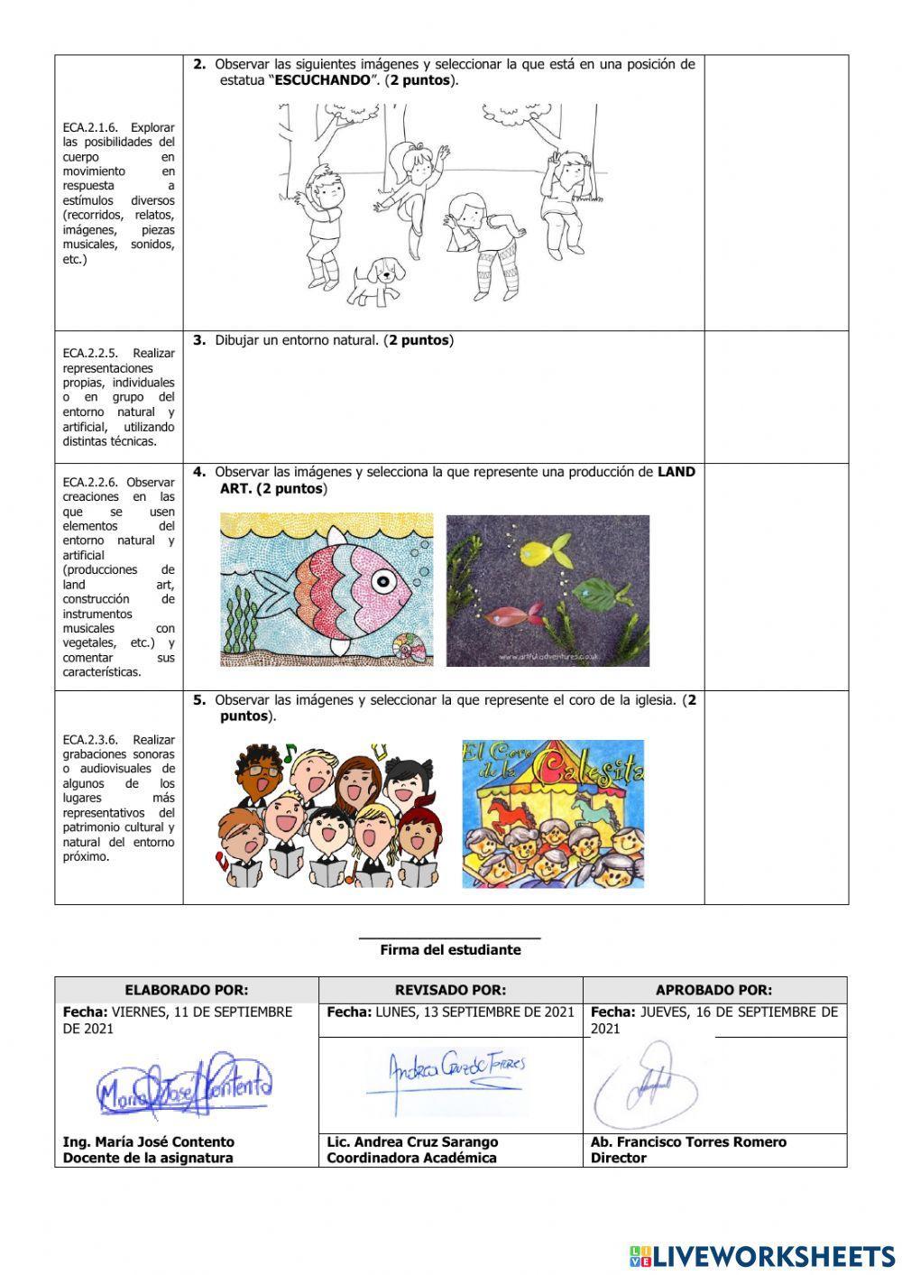 Evaluación de Educación Cultural y Artística del Tercer Parcial del Primer Quimestre