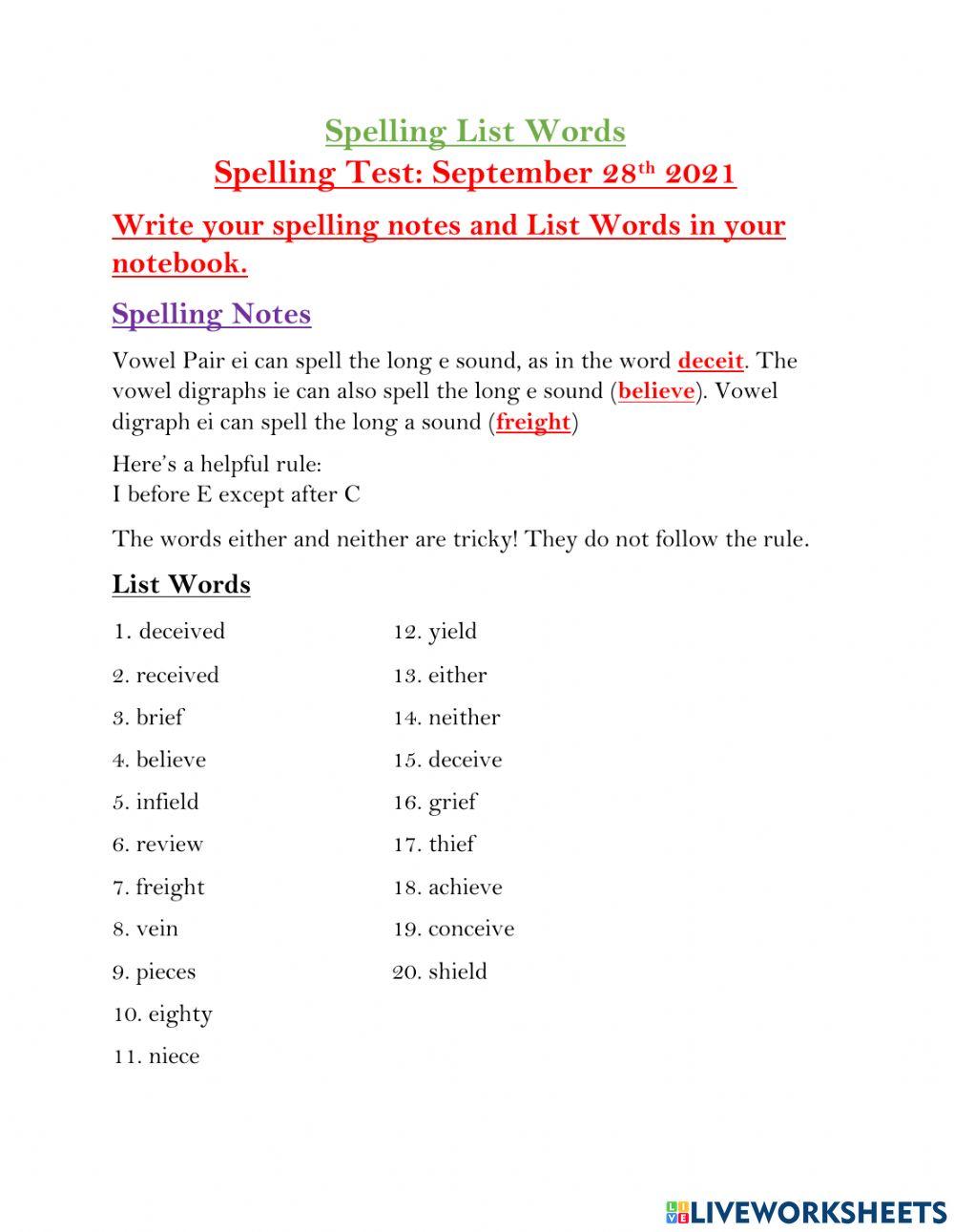 Spelling Skill ei and ie