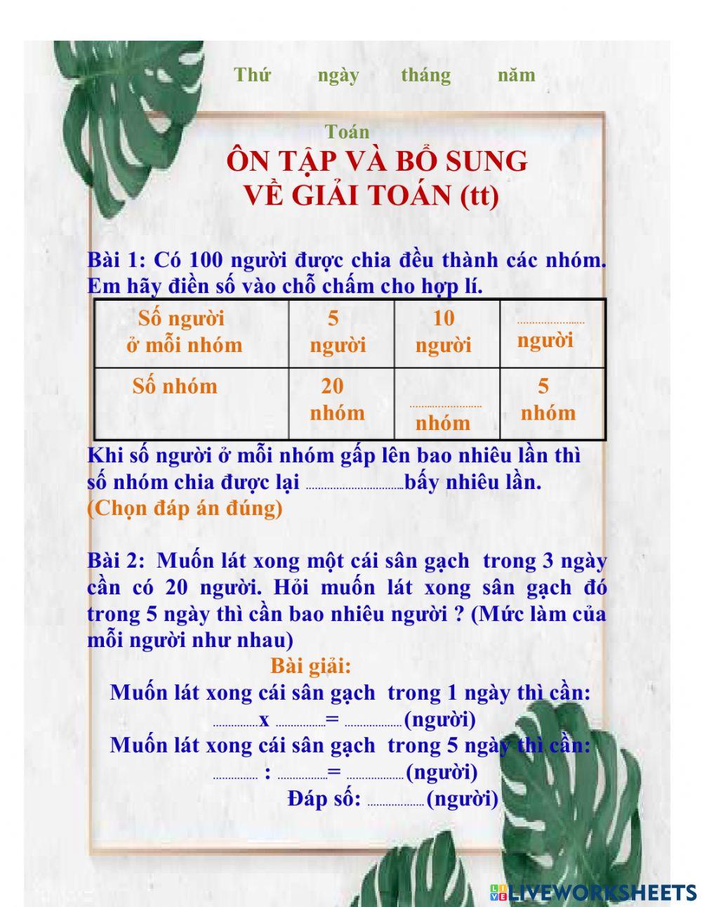 ÔN TẬP VÀ BỔ SUNG VỀ GIẢI TOÁN (tt)