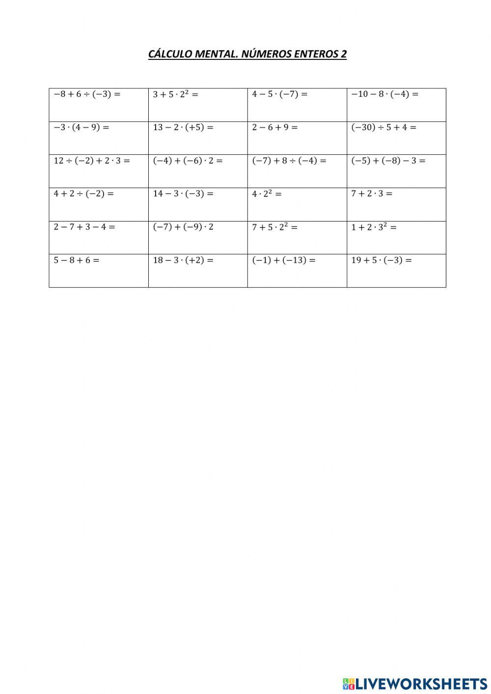 Cálculo mental enteros  2