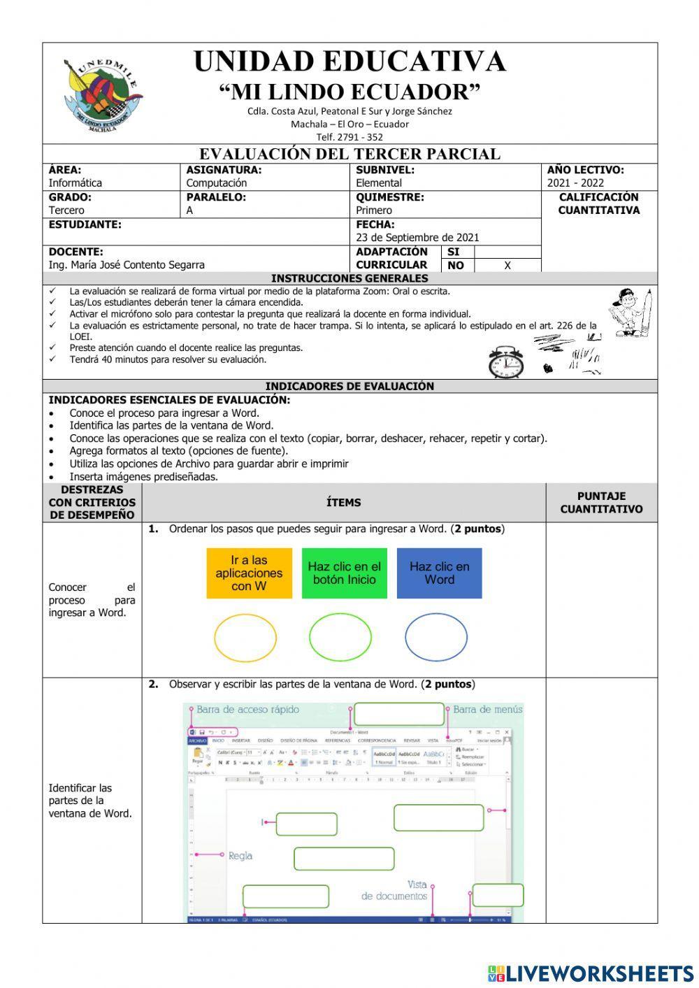 Evaluación de Computación Tercero del Tercer Parcial del Primer Quimestre
