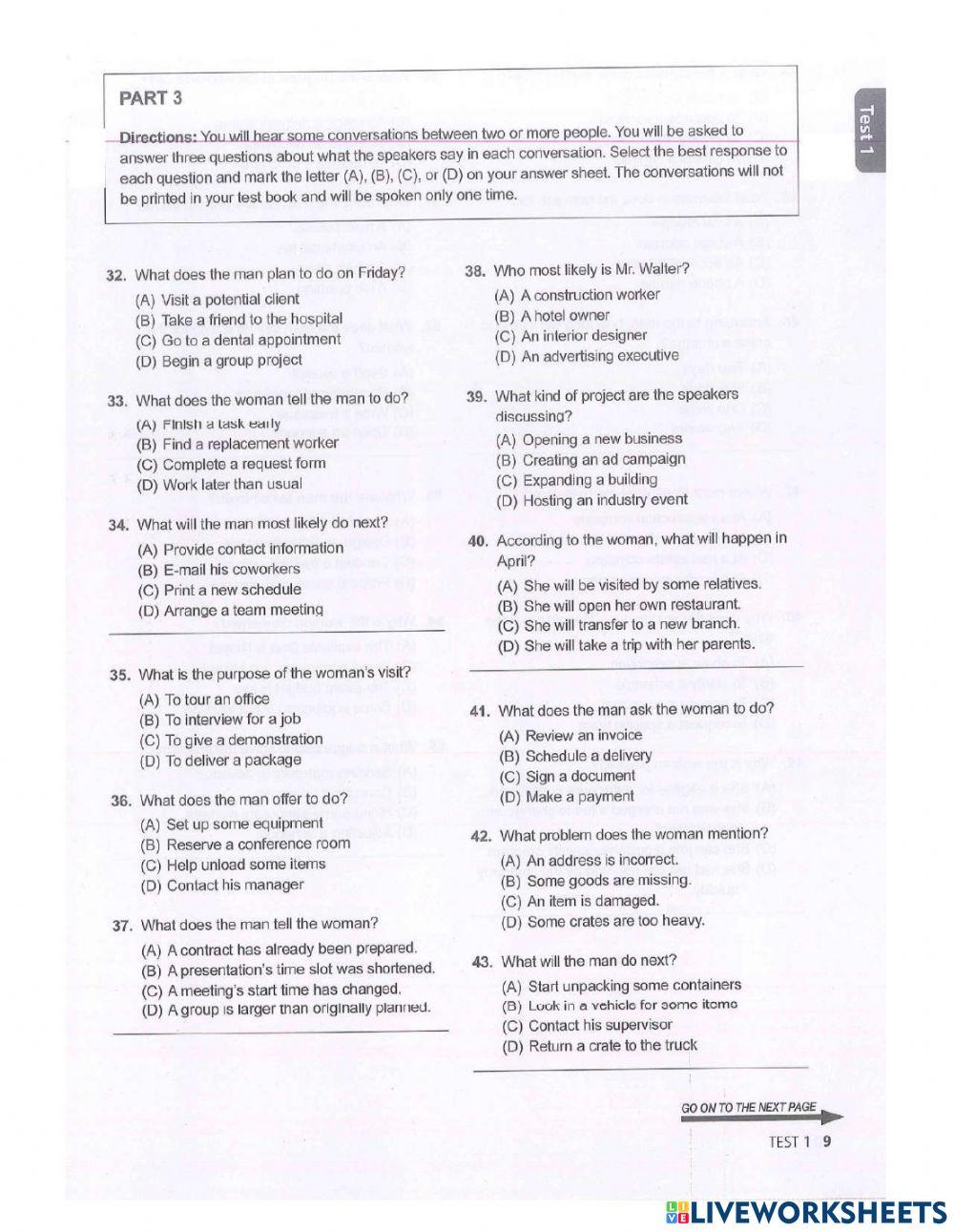 Toeic listening test part 2 worksheet live worksheets