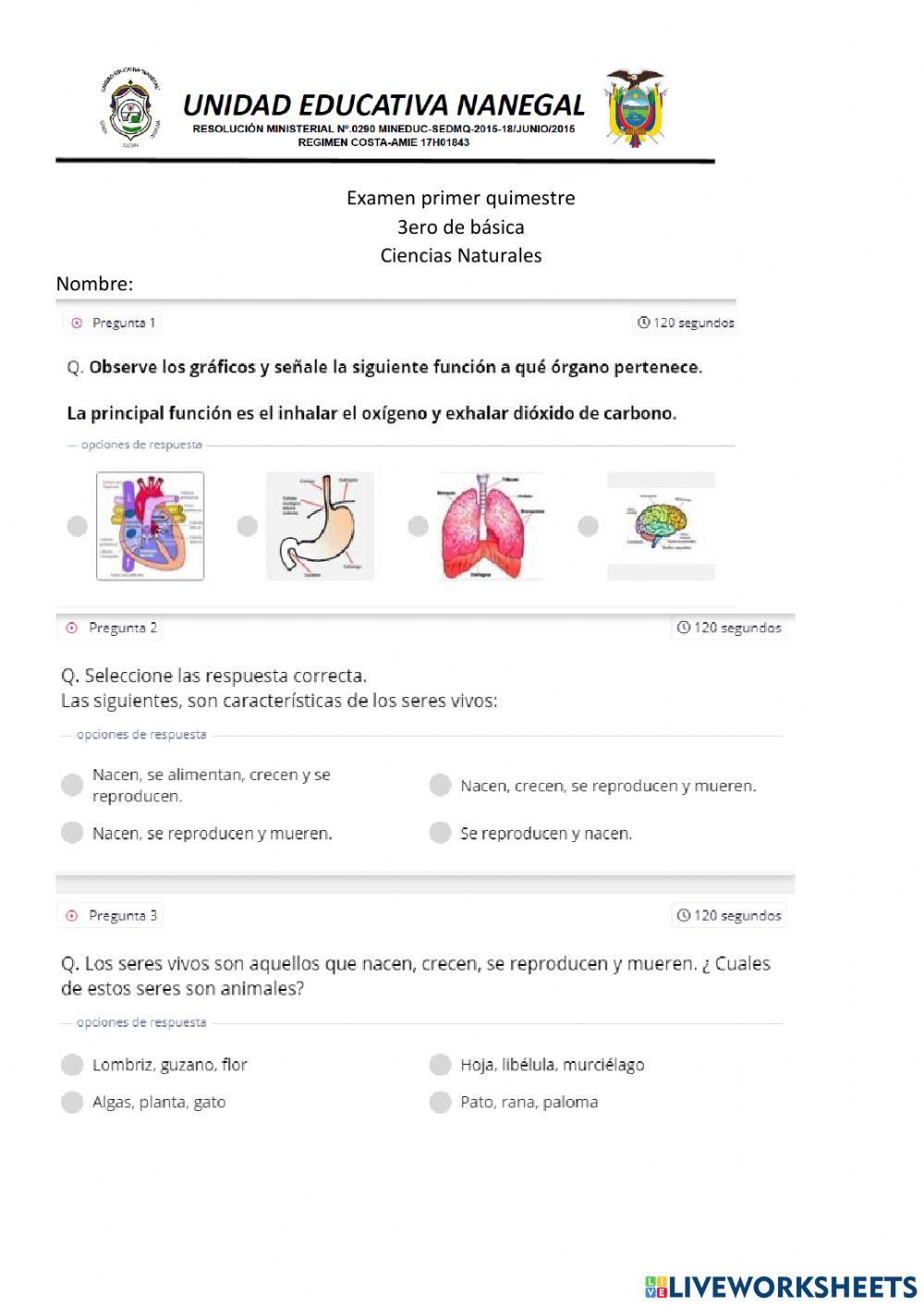 Examen de ciencias naturales