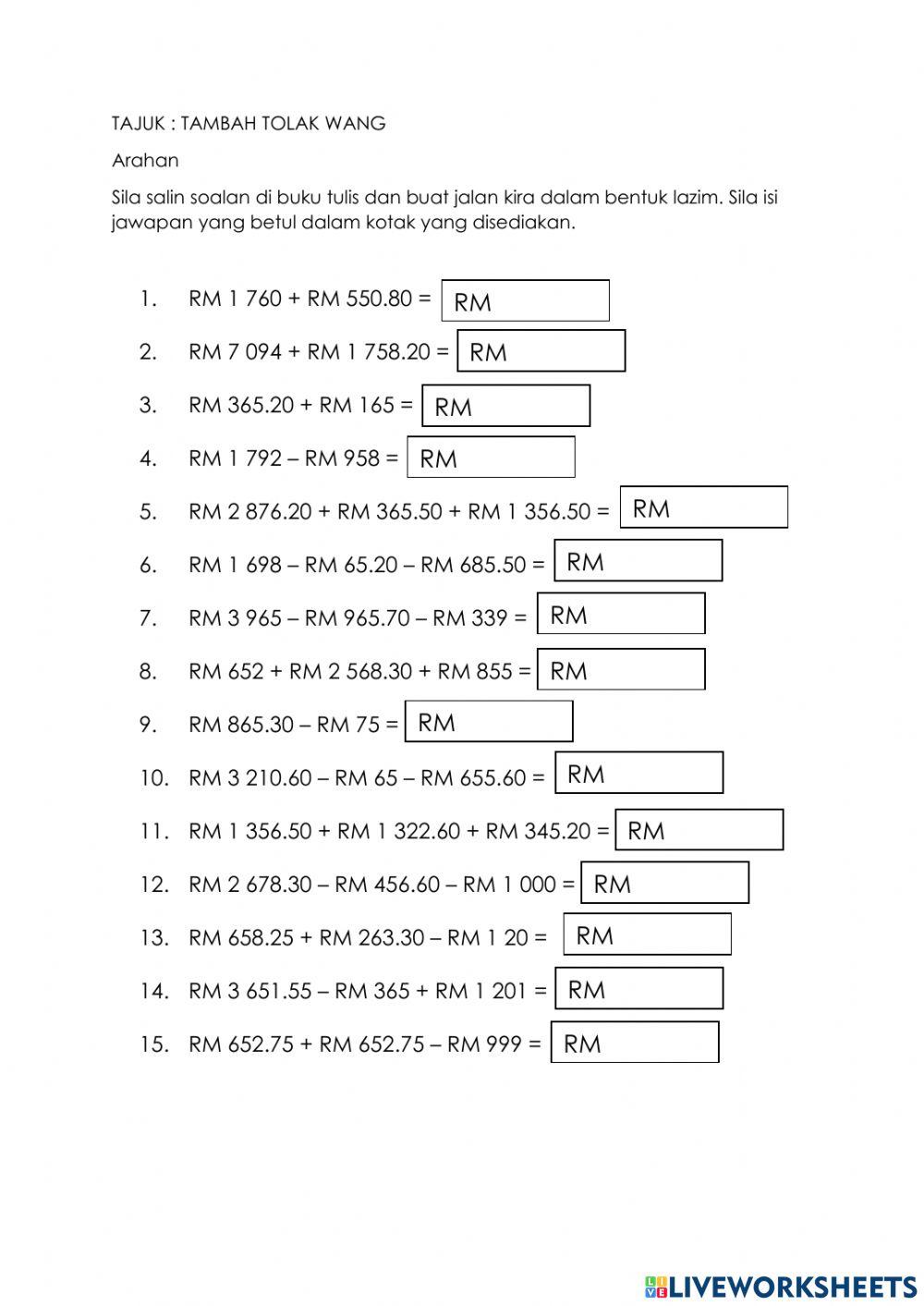 Matematik tahun 3 : tambah tolak wang