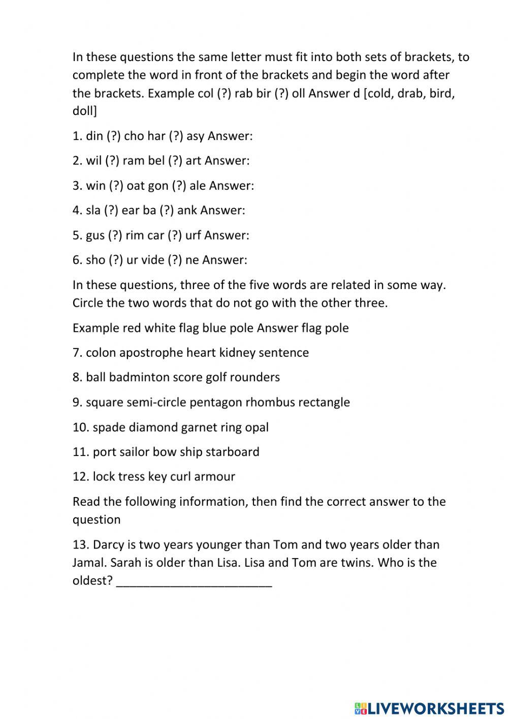 Pdf online activity Verbal reasoning Live Worksheets