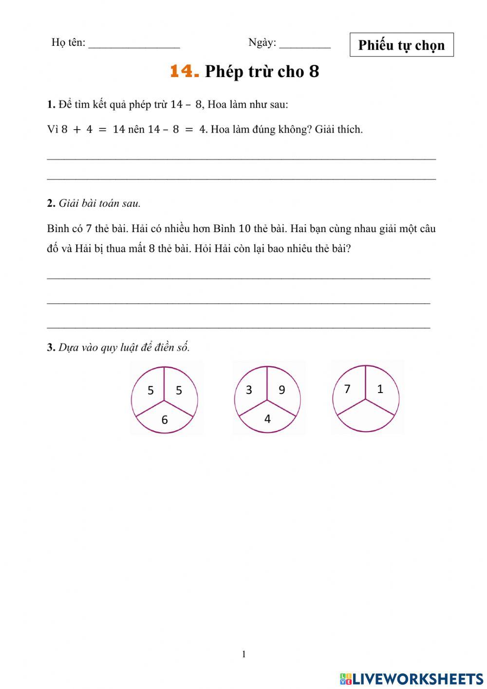 Tìm hiểu bài phép trừ cho 8 (Phiếu tự chọn)