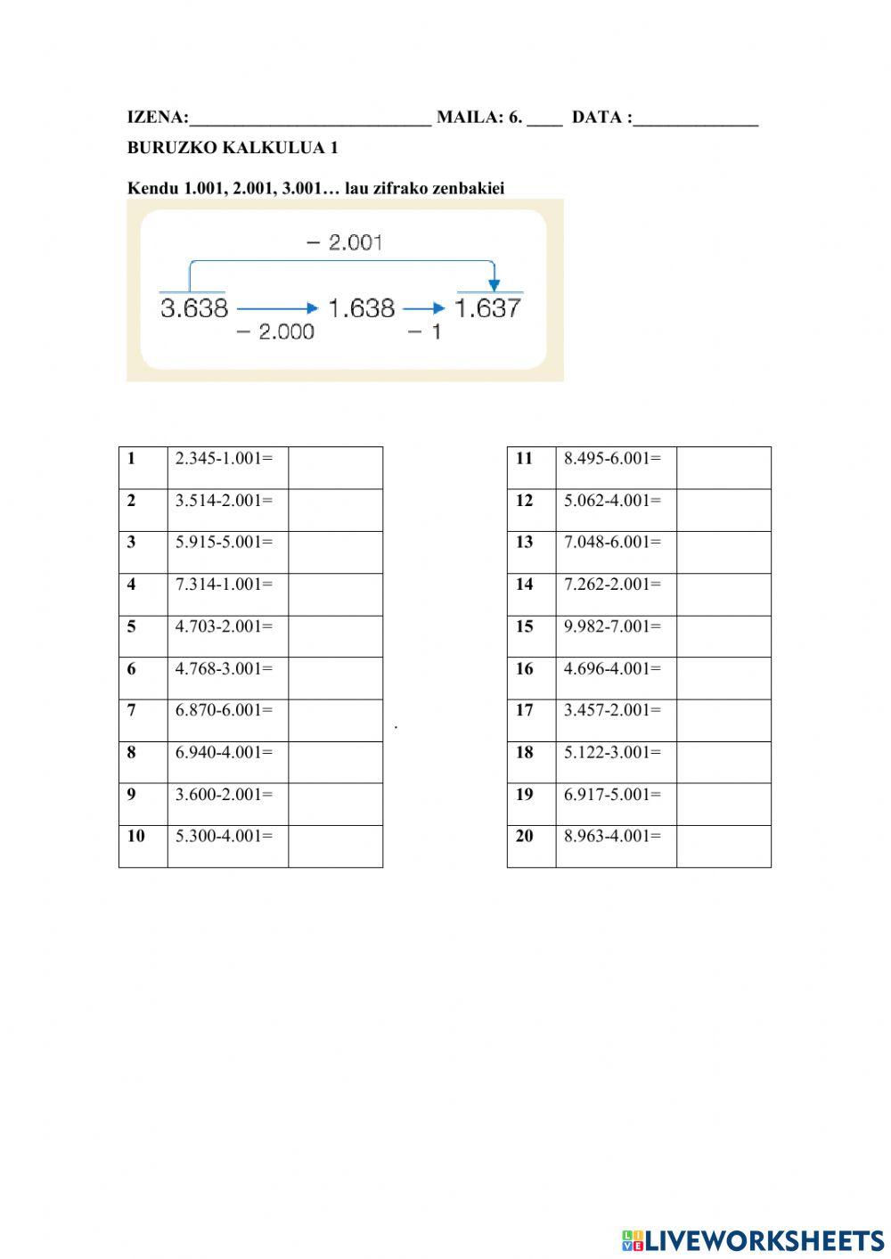 Kendu 1.001,2.001,3.001... lau zifrako zenbakiei