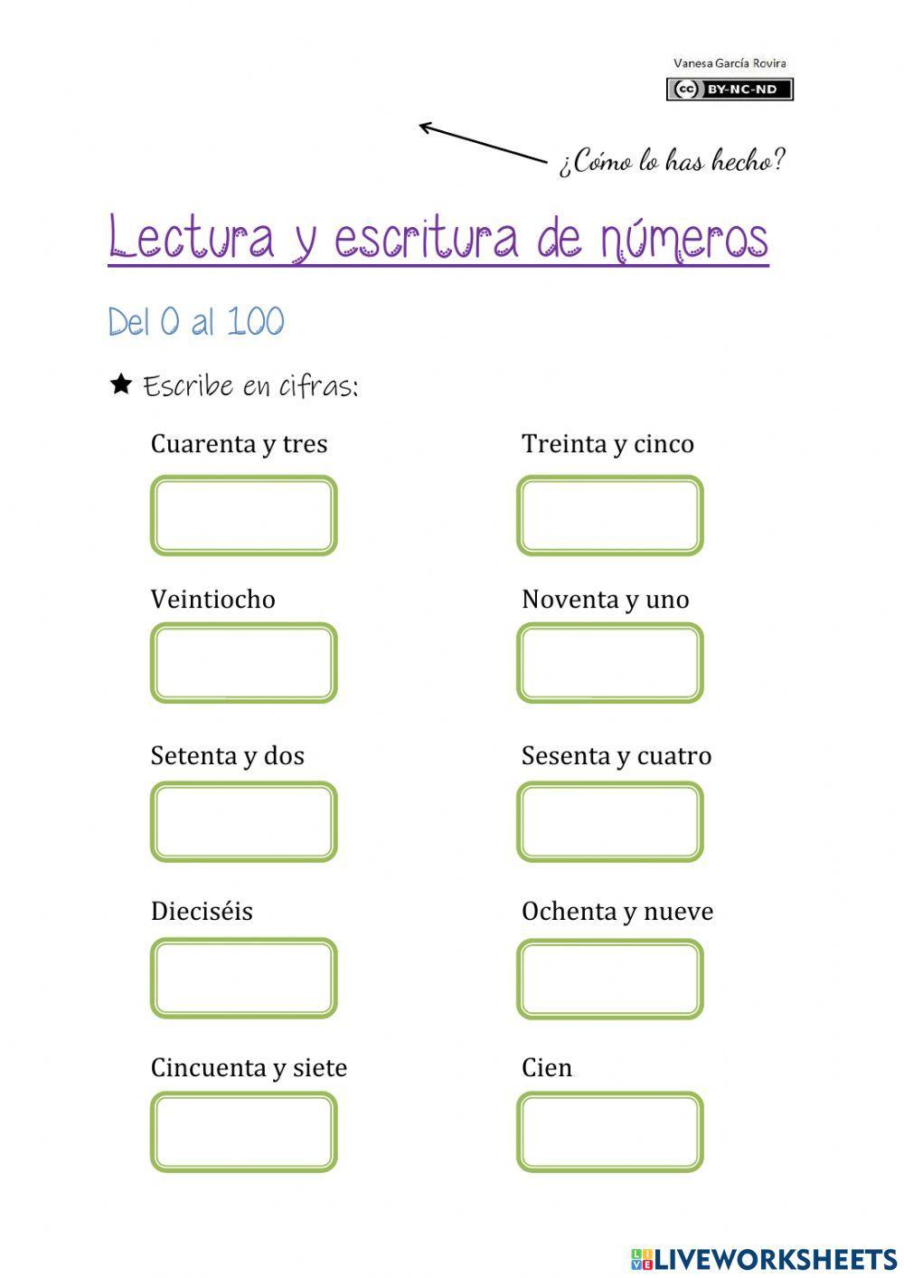 Lectura y escritura de números del 0 al 100