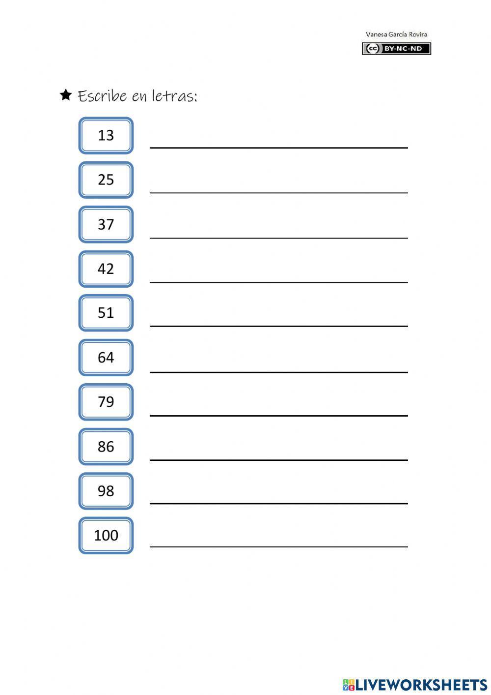 Lectura y escritura de números del 0 al 100