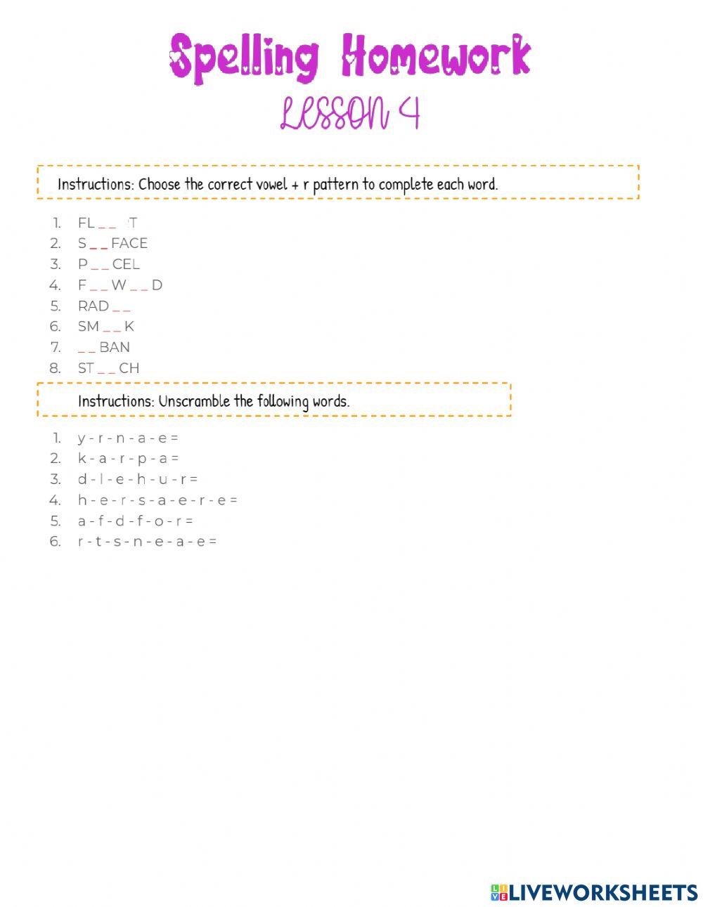 Spelling Homework Lesson 4 Spelling Homework Lesson 4