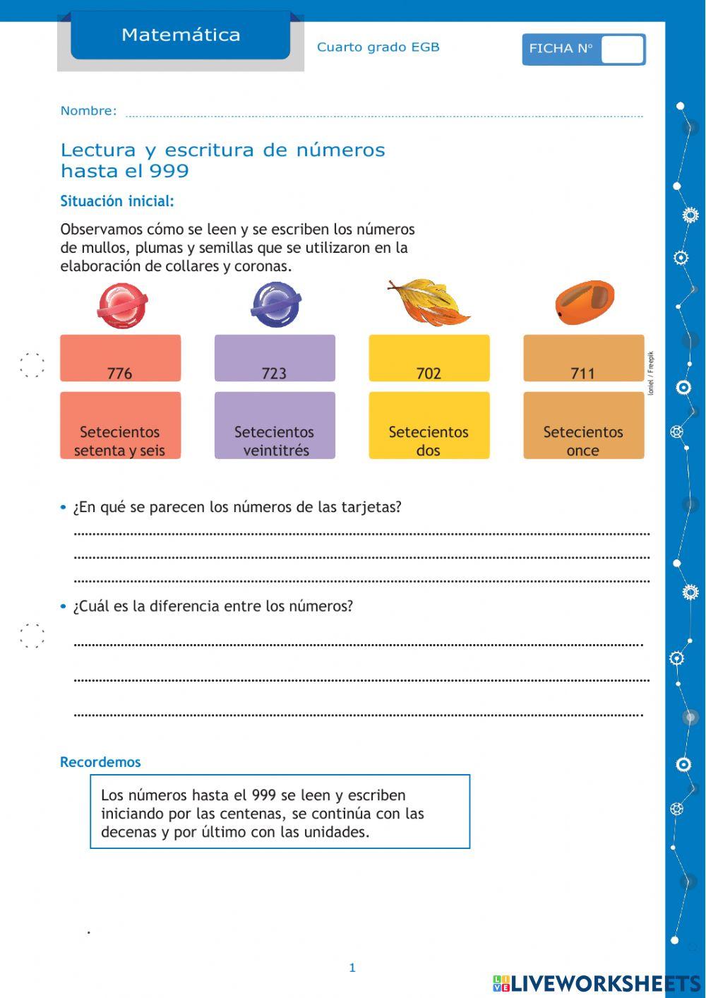 Lectura y escritura de numeros hasta el 999