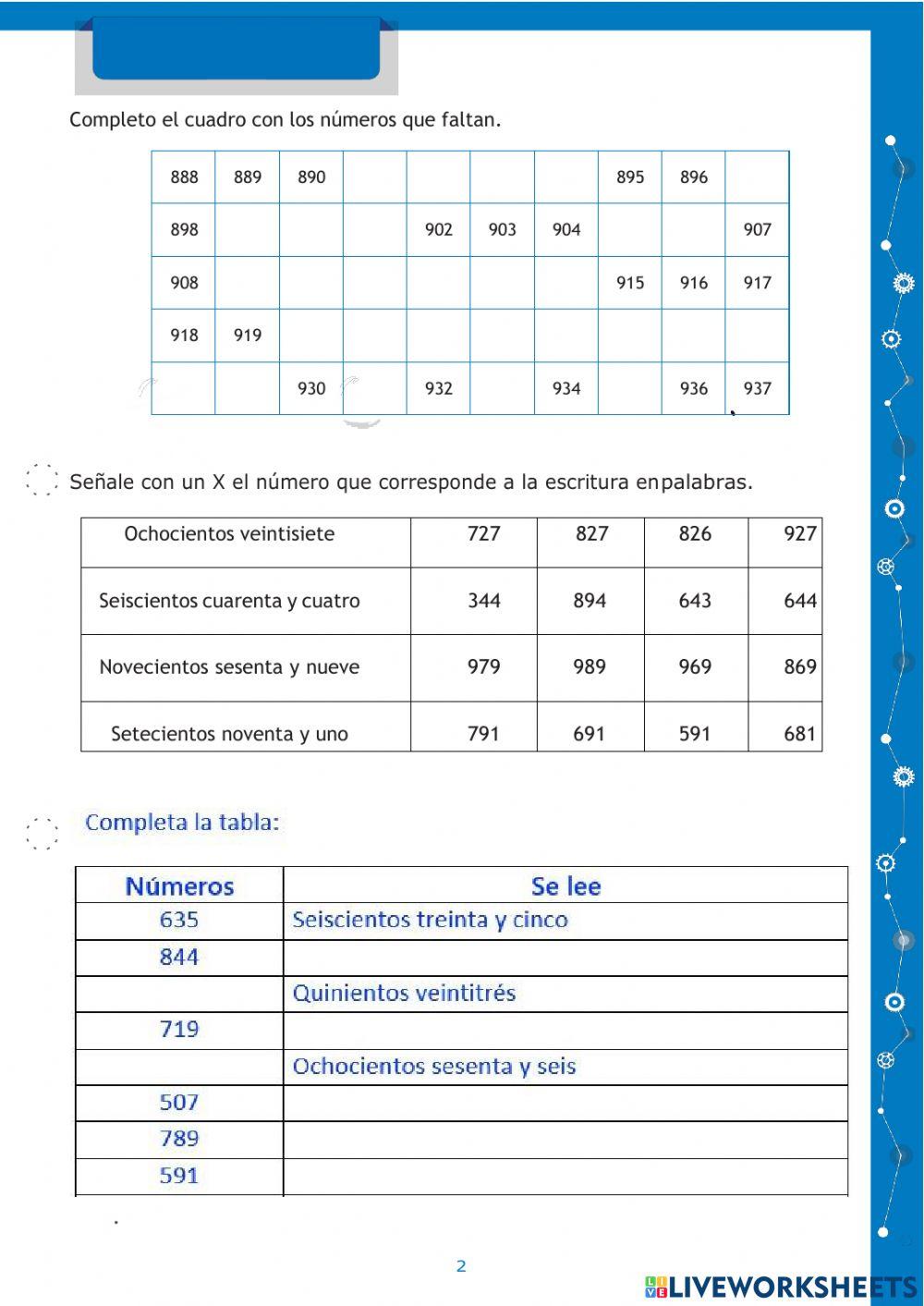 Lectura y escritura de numeros hasta el 999