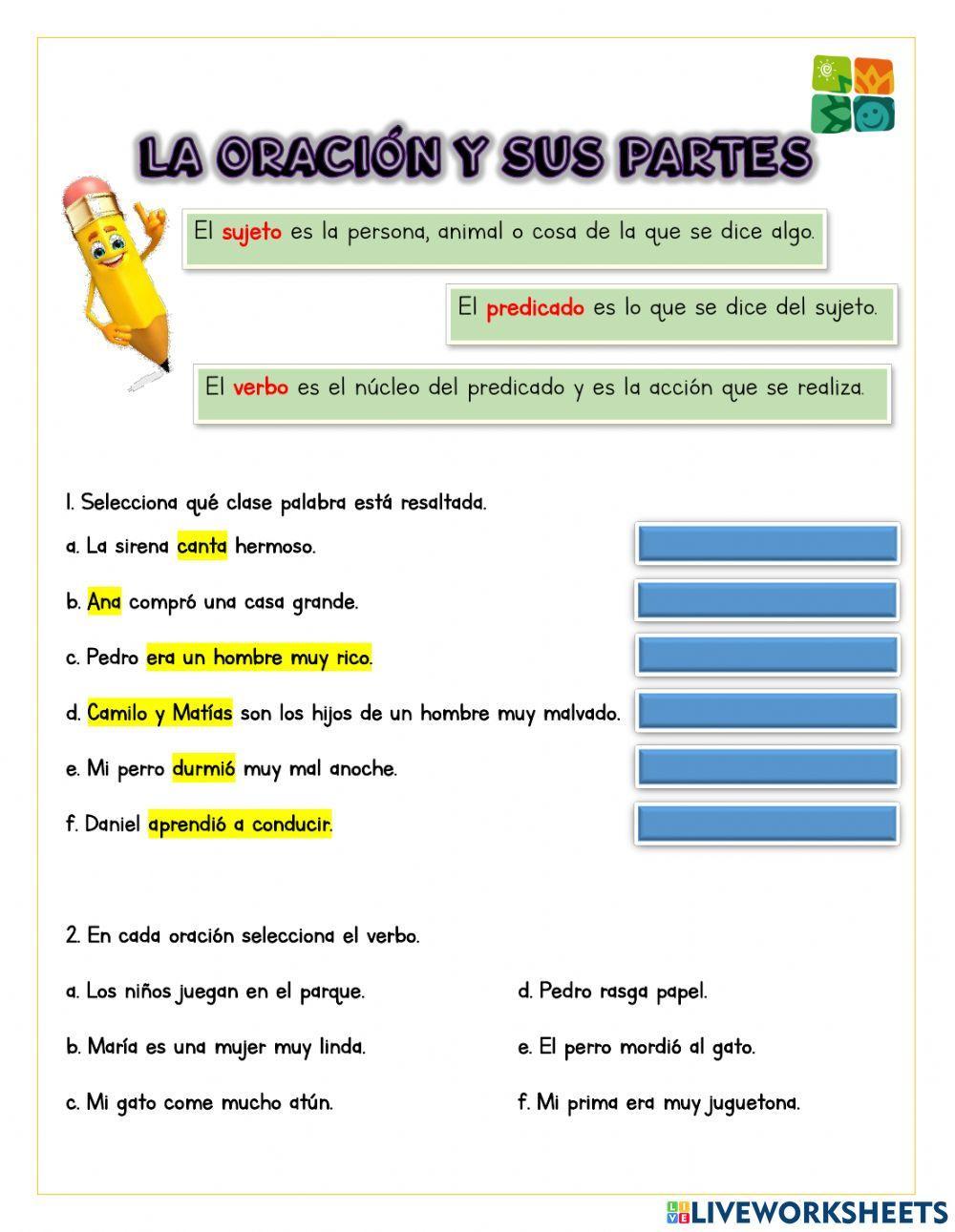 La Oración Y Sus Partes Interactive Exercise Live Worksheets