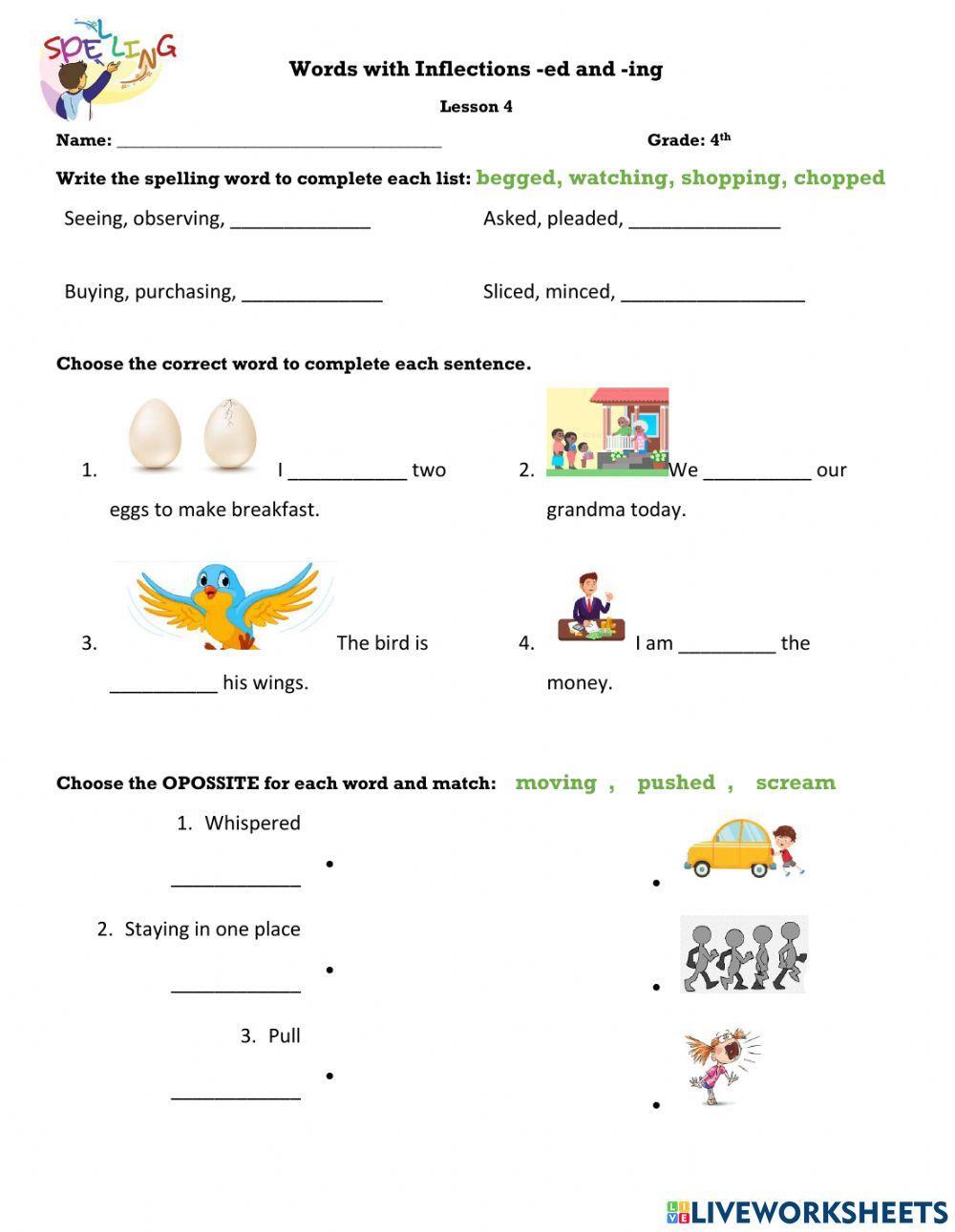 Words with Inflections ed and ing worksheet | Live Worksheets