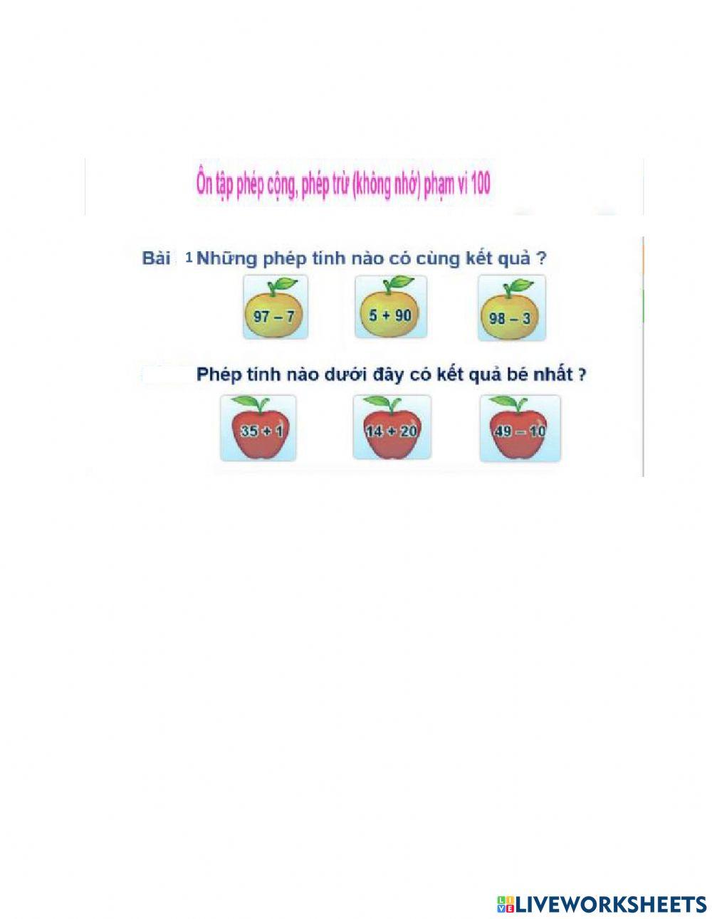 Ôn tập phép công, phép trừ (ko nhớ) phạm vi 100 (T3)