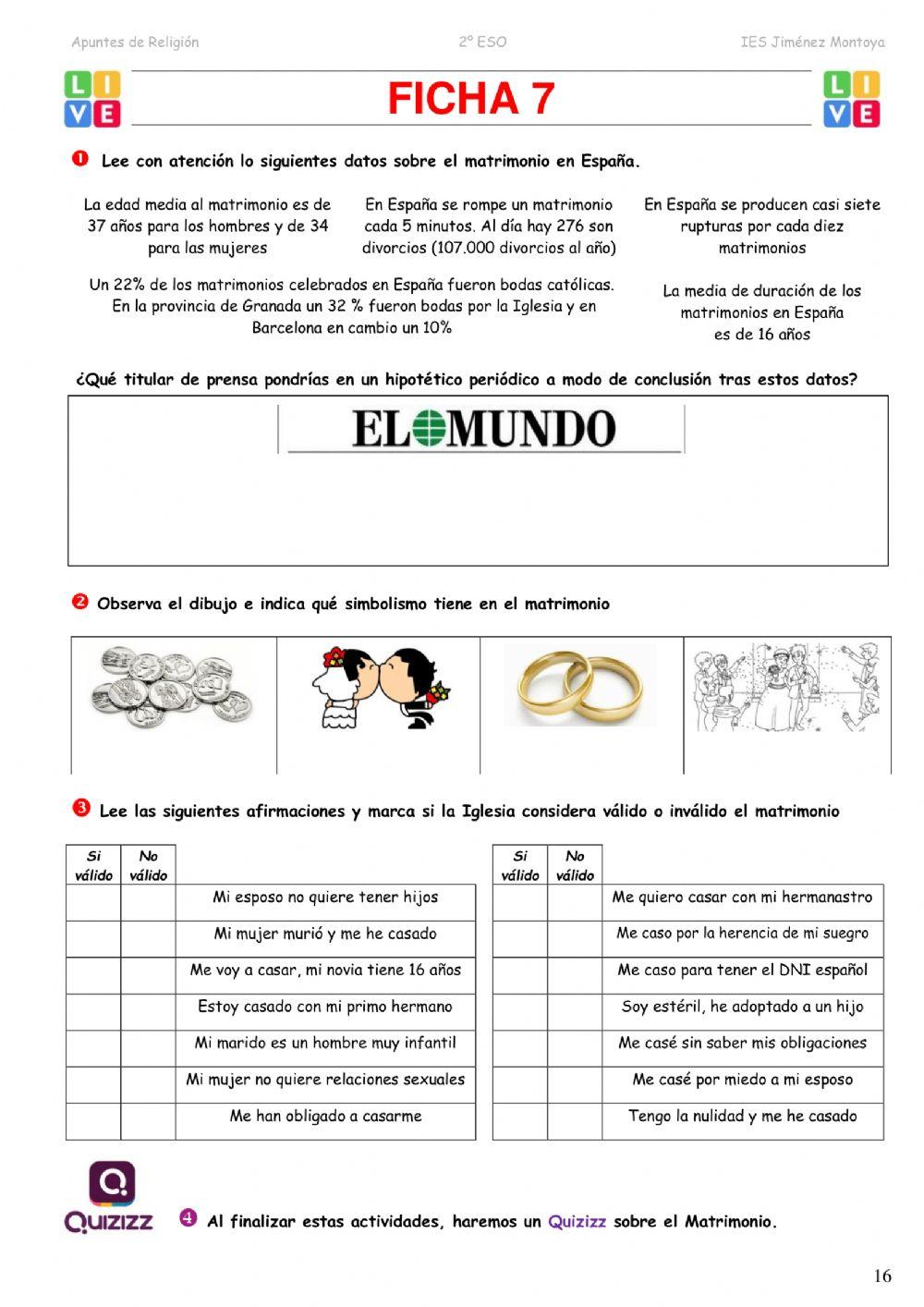 2º ESO. Tema 1. Los Sacramentos. El matrimonio. Ficha 7-
