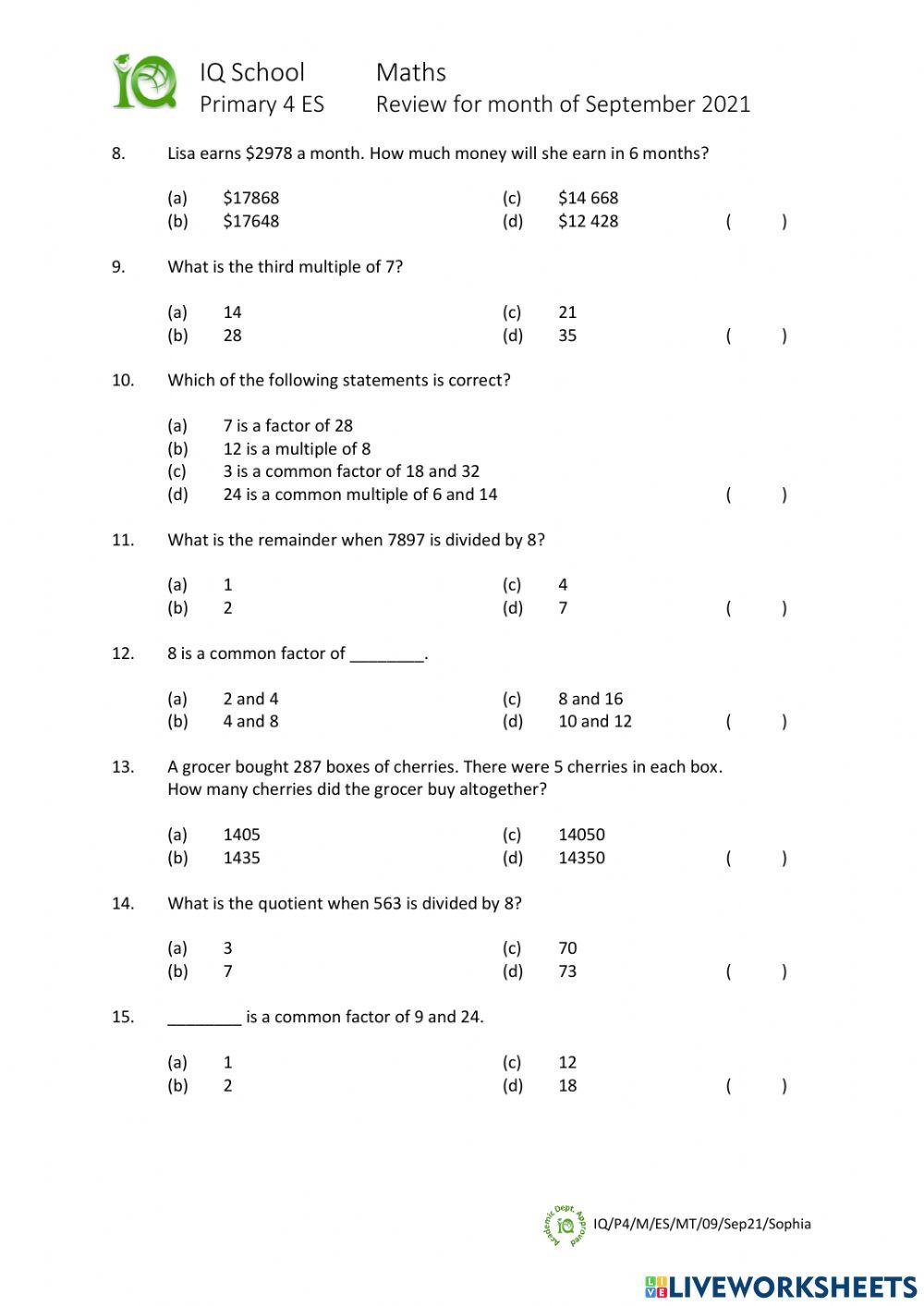 IQ-P4-M-ES-MT-09-Sep21-Sophia worksheet | Live Worksheets
