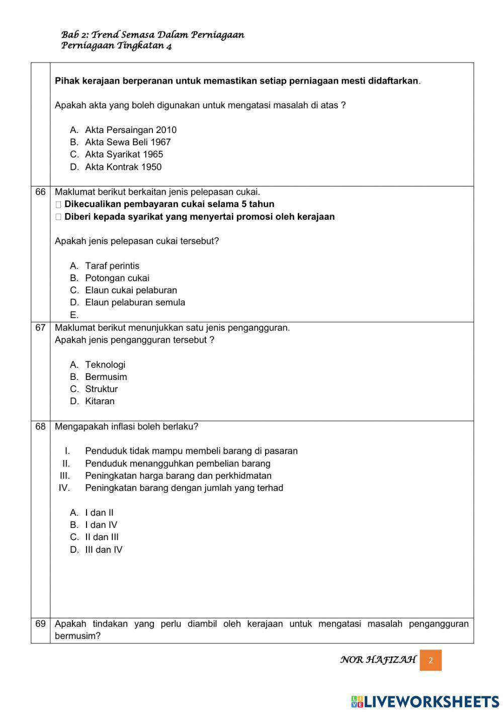 TING 4 Latihan bab 2 : trend semasa dalam perniagaan