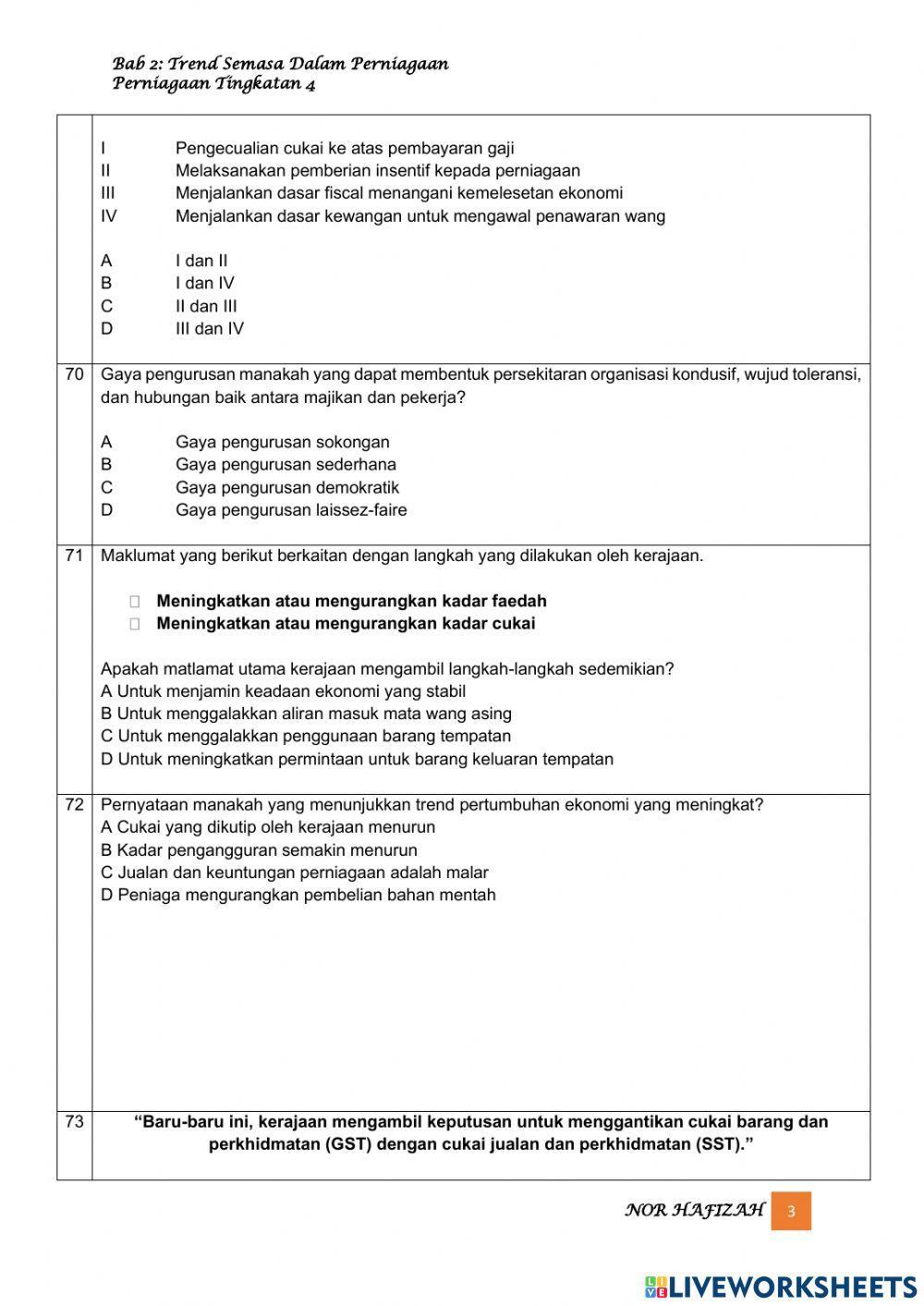 TING 4 Latihan bab 2 : trend semasa dalam perniagaan