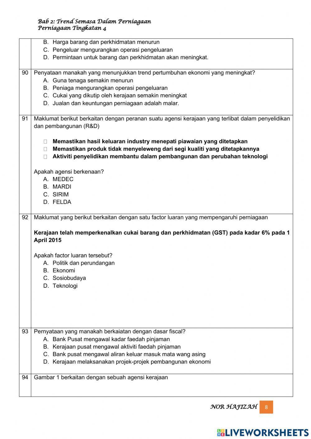 TING 4 Latihan bab 2 : trend semasa dalam perniagaan