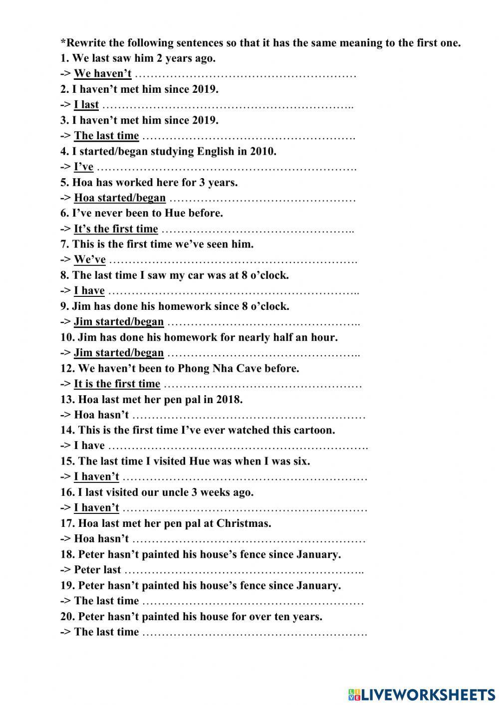 20 câu viết lại câu thì HTHT