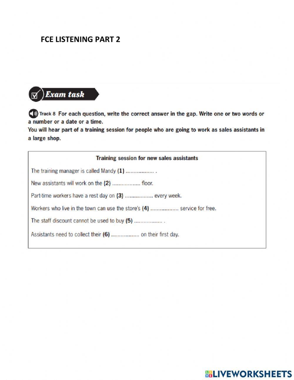 LISTENING PART 2 PARTIAL SALES ASSISTANT worksheet Live Worksheets