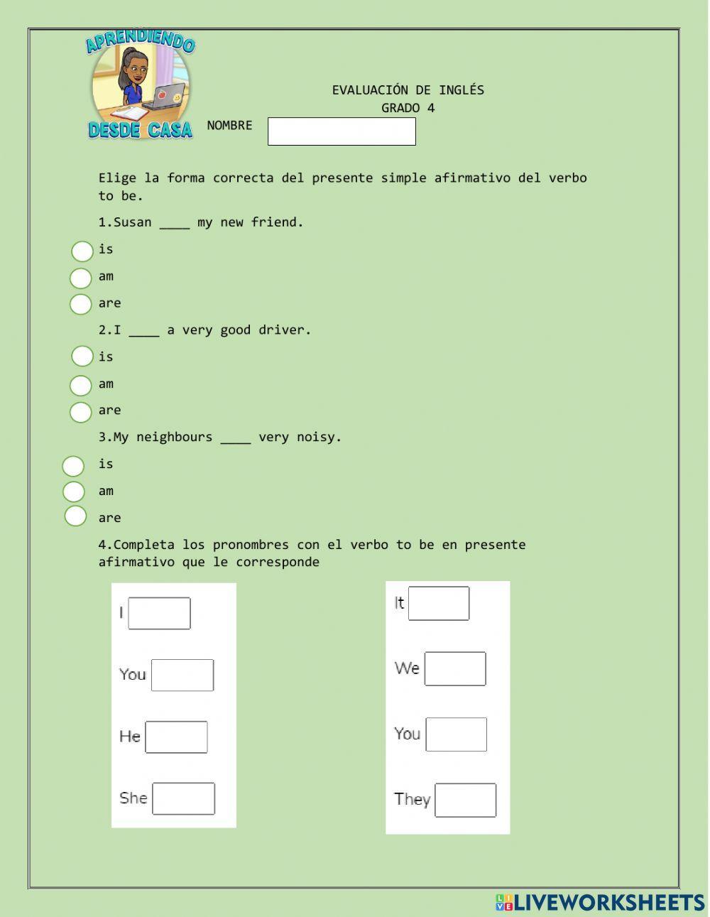 Evaluación de inglés verbo to be