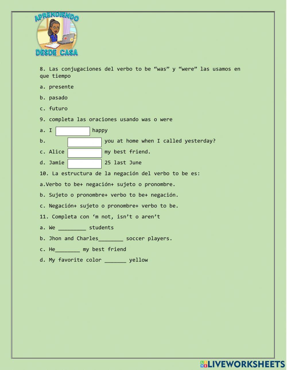 Evaluación de inglés verbo to be