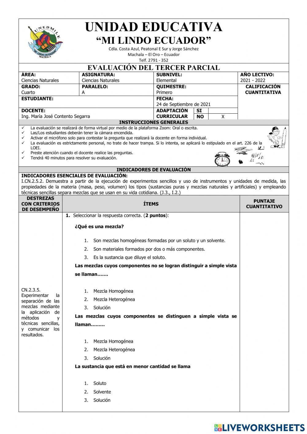 Evaluación de Ciencias Naturales del Tercer Parcial del Primer Quimestre