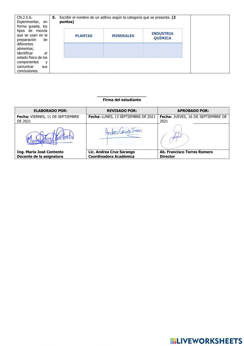 Evaluación de Ciencias Naturales del Tercer Parcial del Primer Quimestre