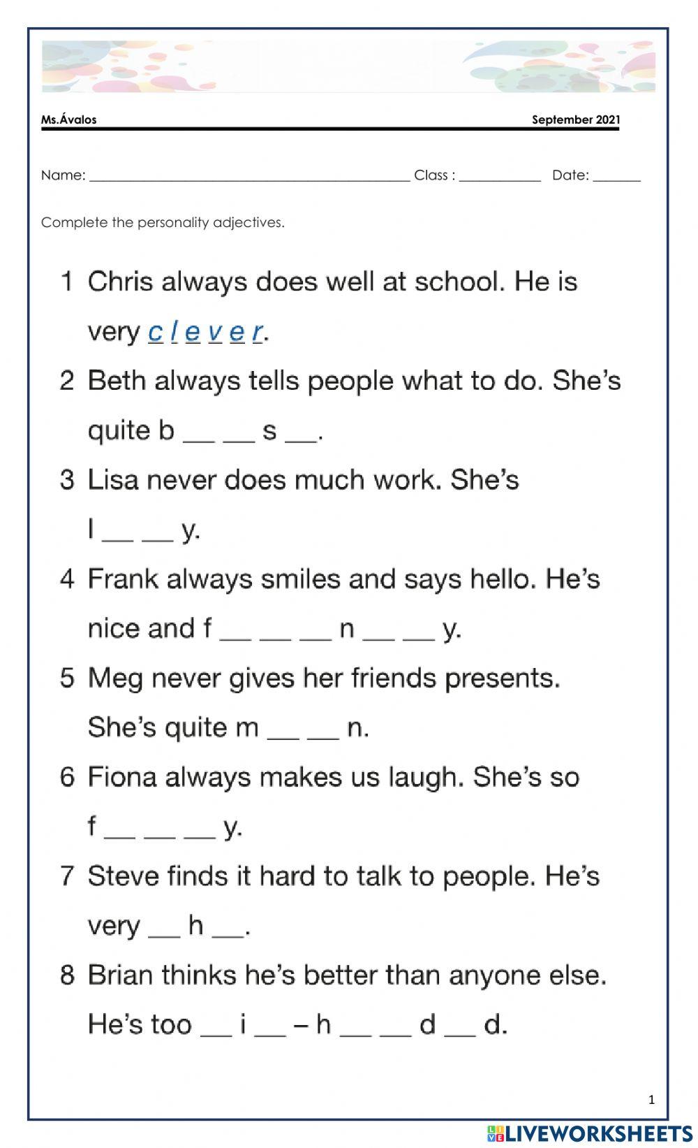 Personality adjectives