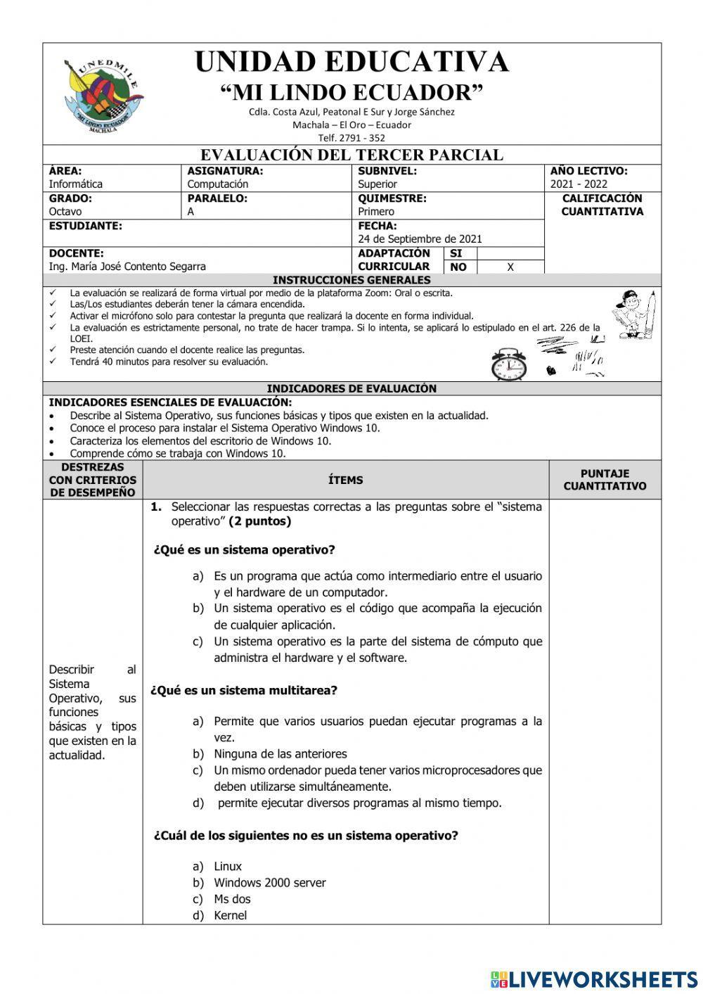 Evaluación de Computación Octavo del Tercer Parcial del Primer Quimestre