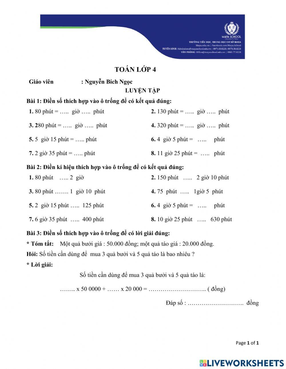 4A HW  22 -9-2021 - Luyện tập về phép tính