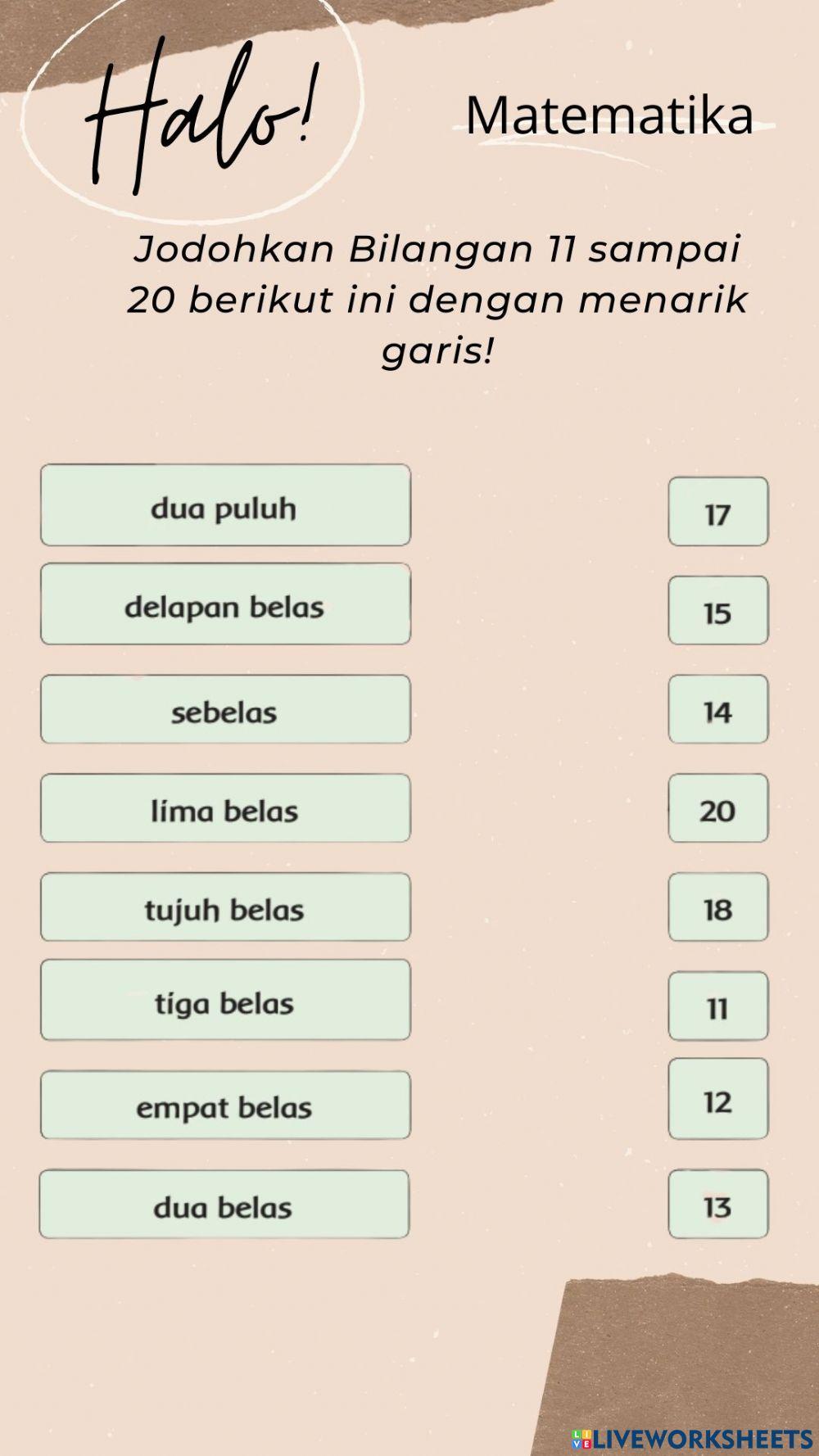 Matematika Menjodohkan Bilangan 11 - 20