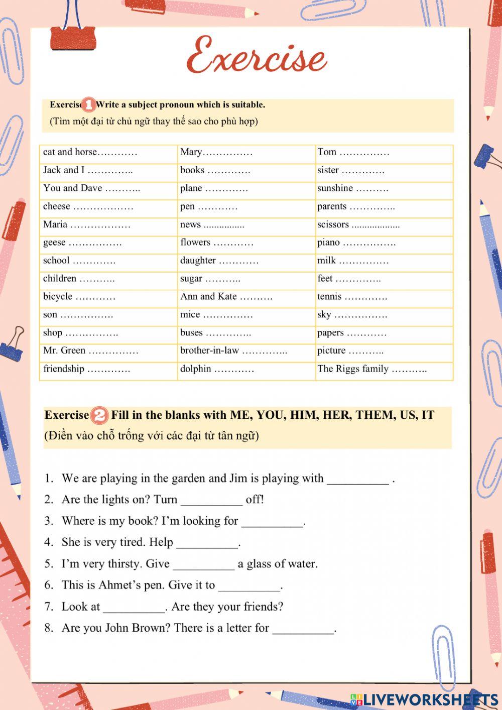 Pronouns exercises worksheet | Live Worksheets