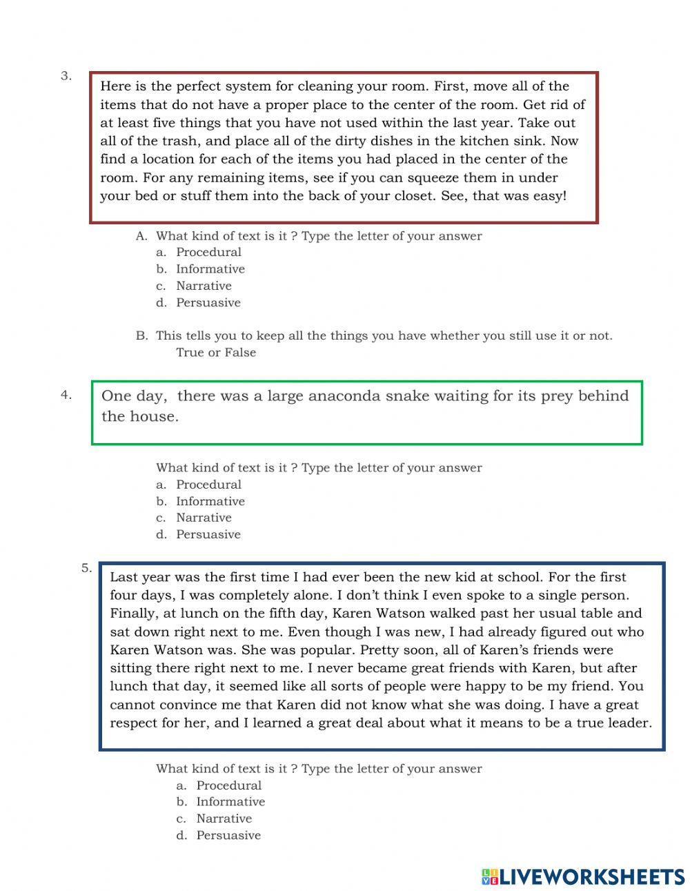 Kinds of text worksheet | Live Worksheets