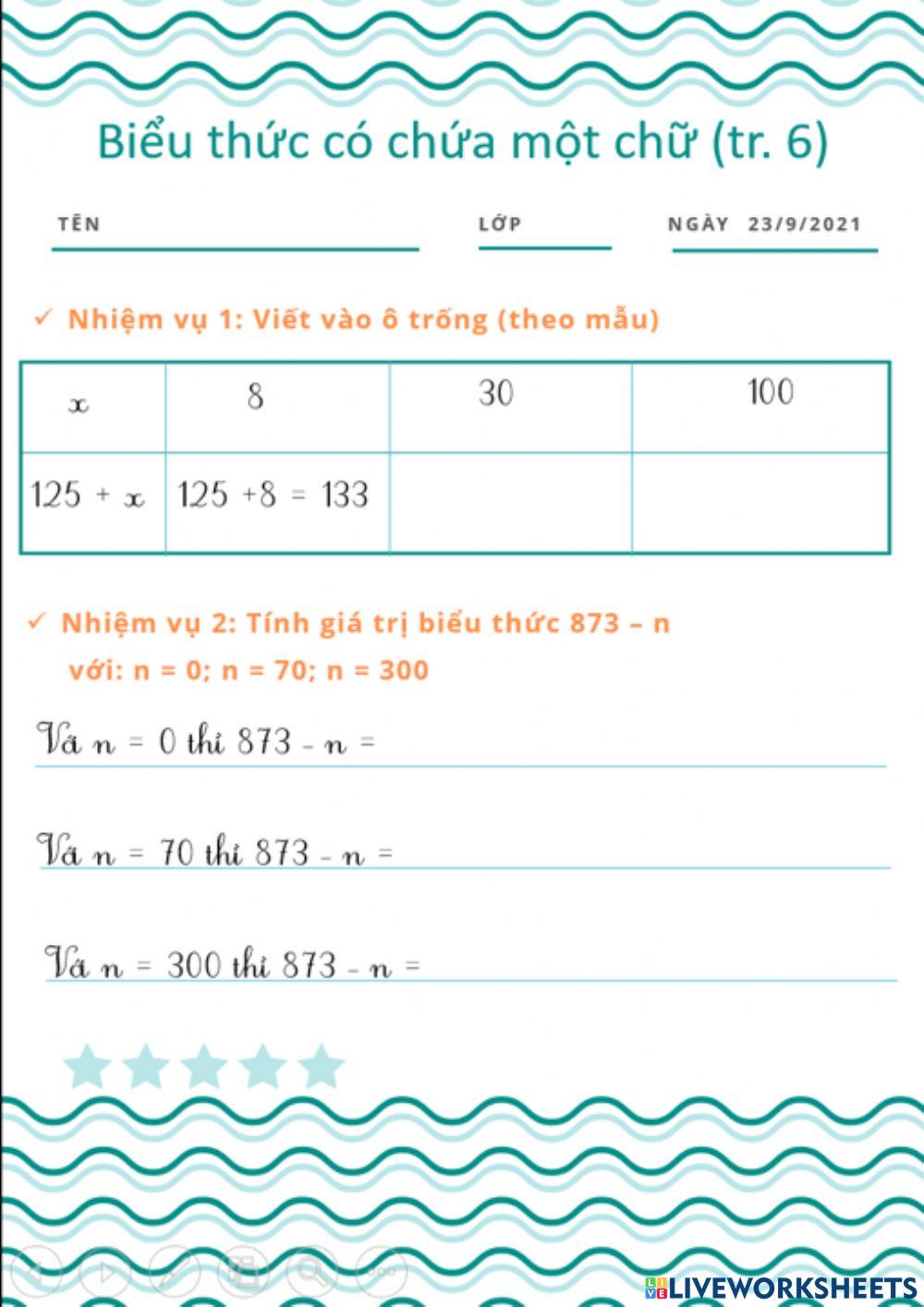 Biểu thức có chứa 1 chữ