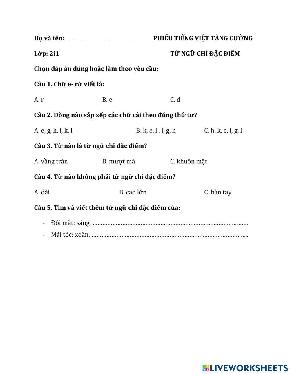 Từ ngữ chỉ đặc điểm