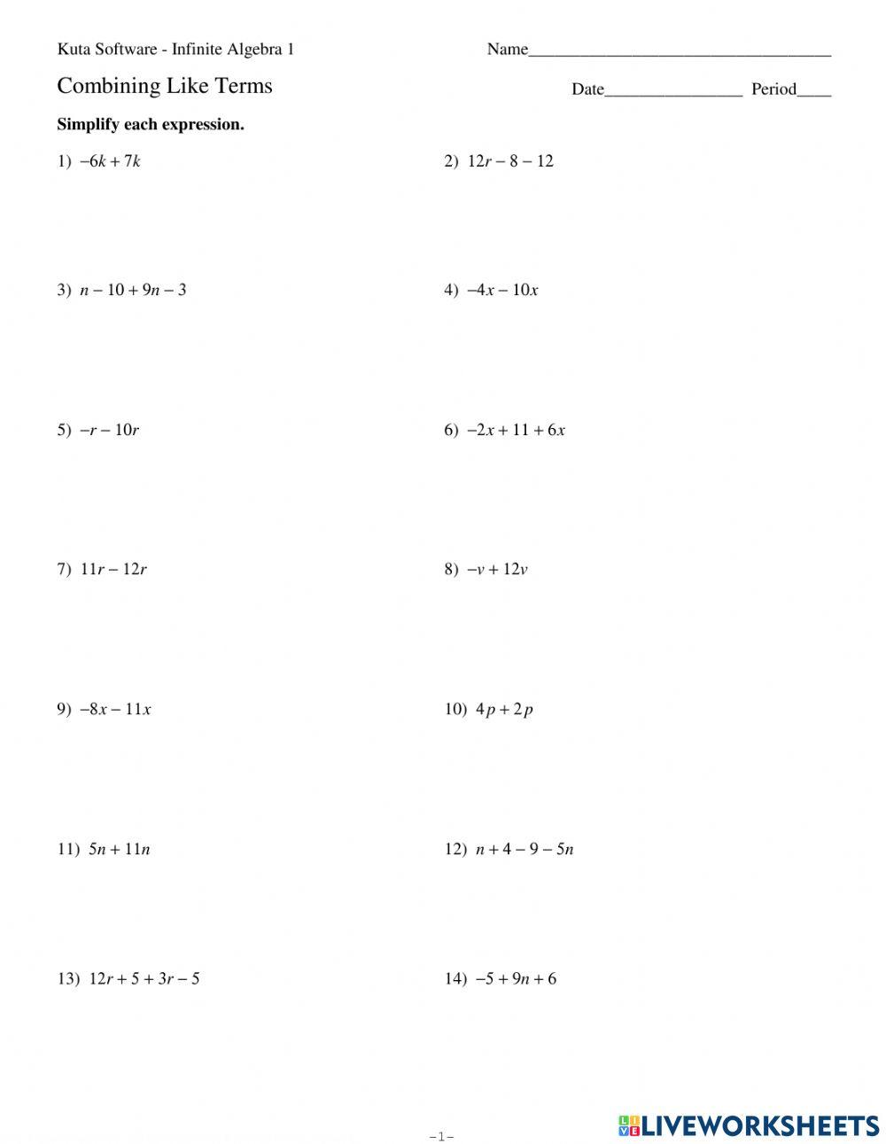 Combining like terms exercise Live Worksheets