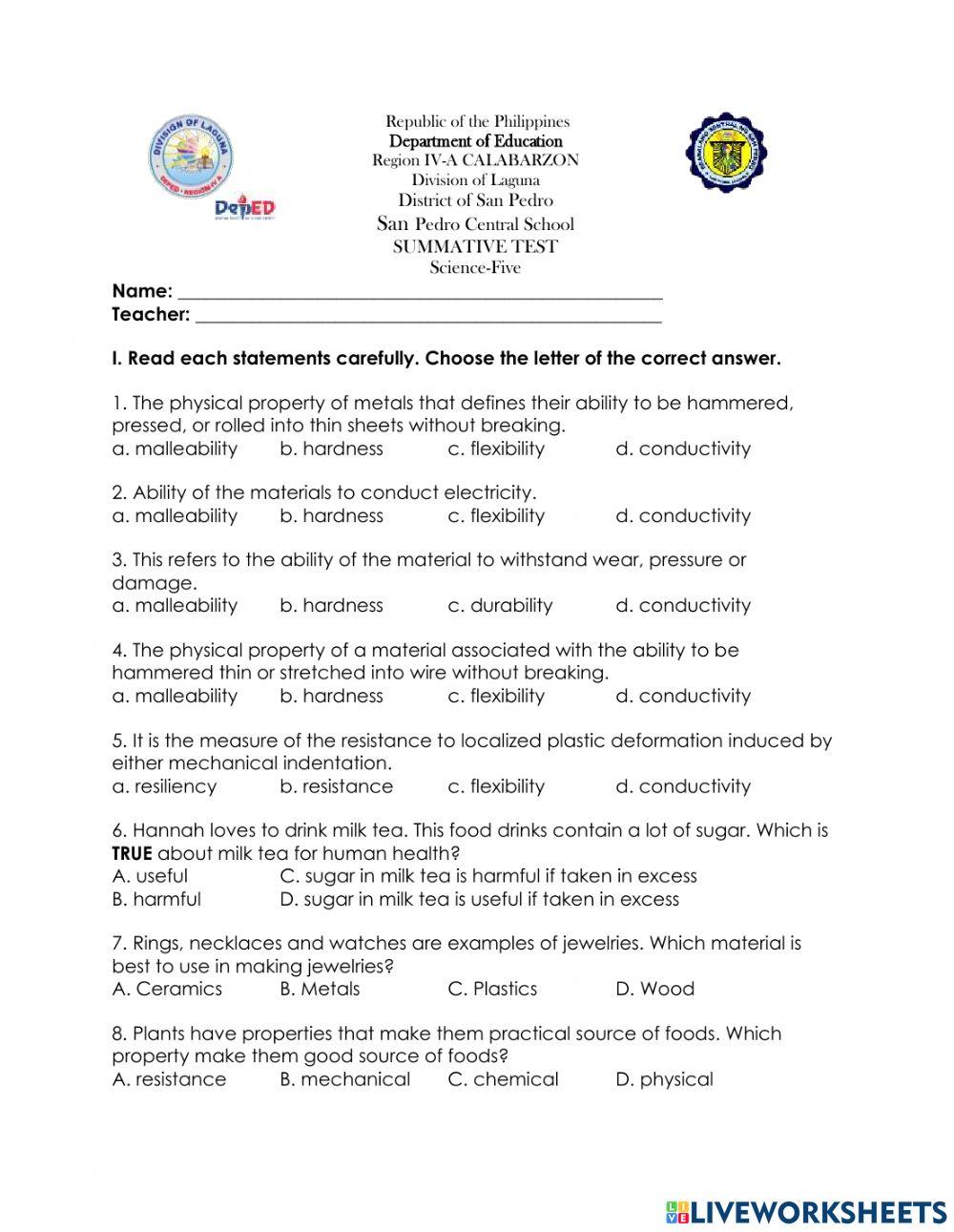 Summative Test in Science 5 Q1 W1-2